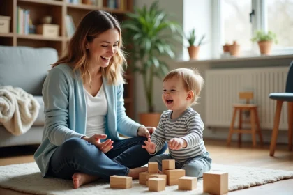Nounou souriante jouant avec un jeune enfant sur le sol d'un appartement chaleureux, illustrant une garde d'enfant de confiance trouvée facilement