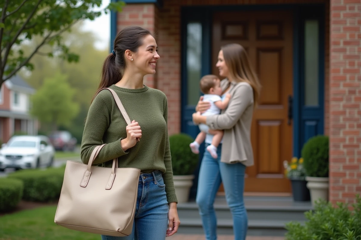 Nounou arrivant au domicile d'une famille pour une première rencontre, illustrant la simplicité de trouver une garde d'enfant de qualité