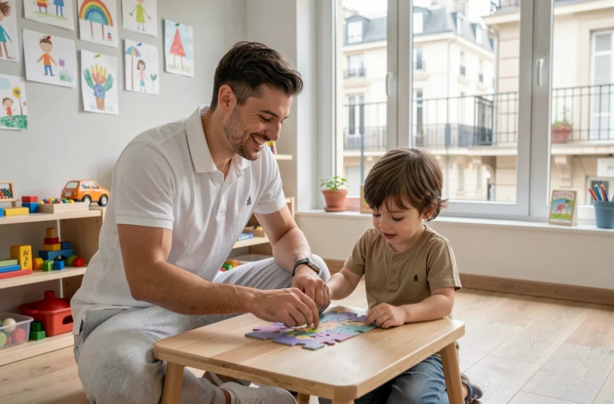 Un auxiliaire parental d'O2 Kid Marseille aide un enfant à faire un puzzle dans un espace dédié à la garde