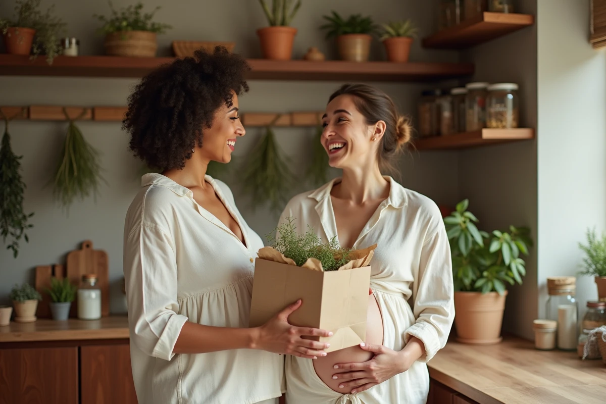 Deux amies partageant un cadeau de grossesse écoresponsable dans une cuisine naturelle et chaleureuse