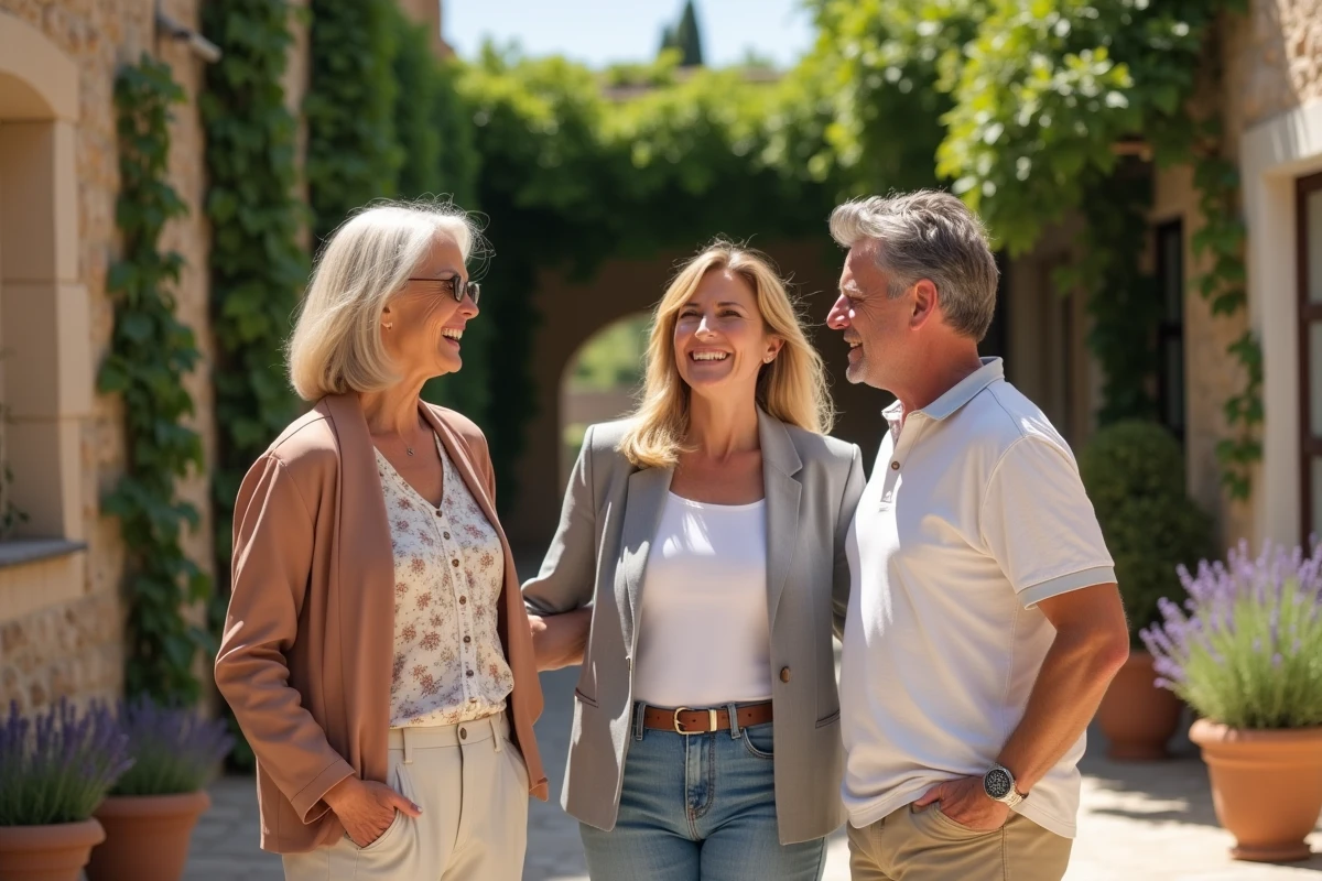 Groupe d'amis proches réunis sur une terrasse méditerranéenne, évoquant les moments de vie privée partagés par les proches d'Olivier Benkemoun