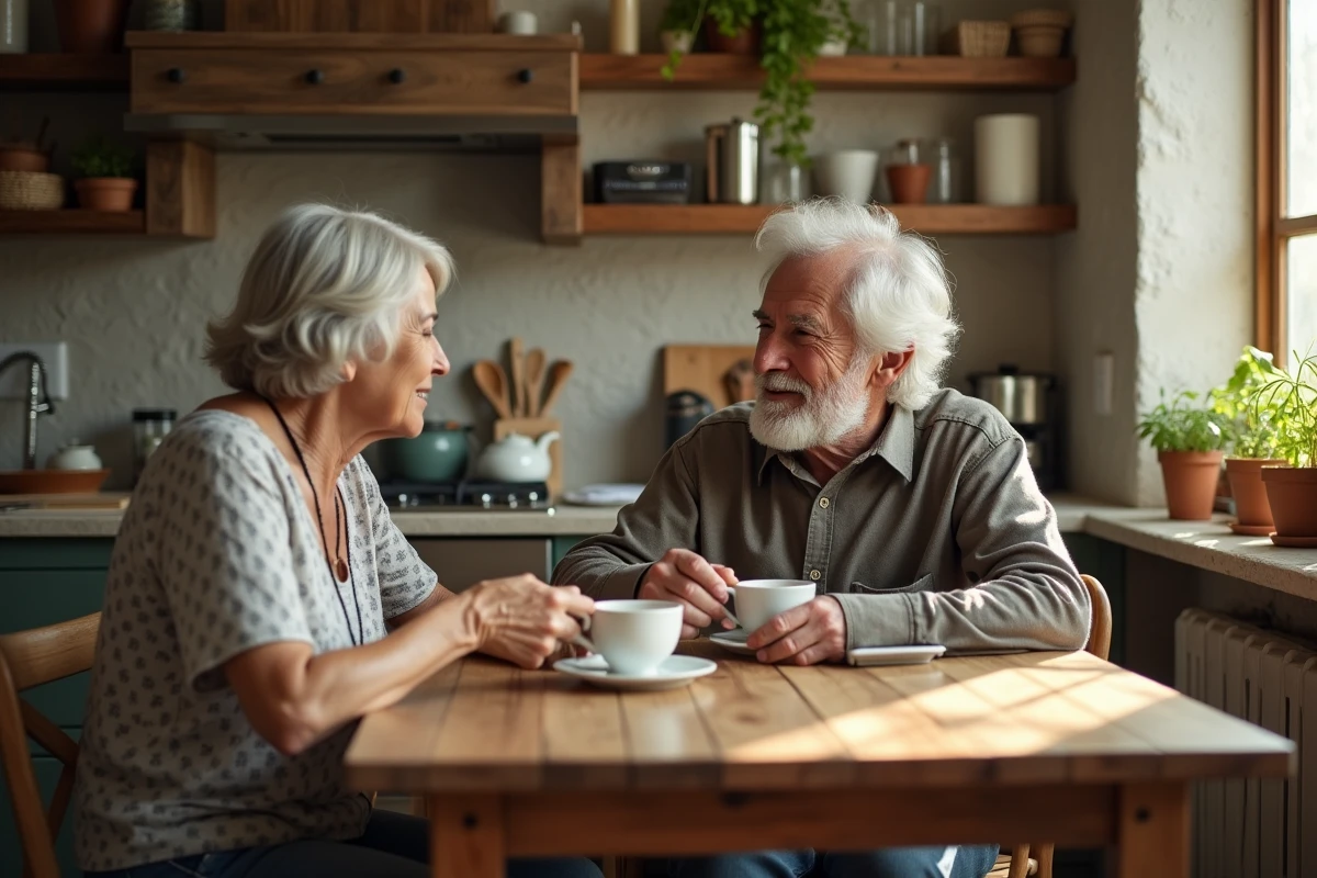 Couple partageant un moment intime autour d'un café dans une cuisine familiale, illustrant la vie privée partagée par les proches