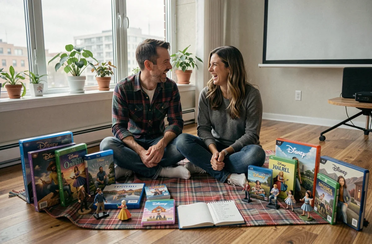 Couple organisant l'ordre de visionnage complet des films Disney avec liste manuscrite et figurines collector