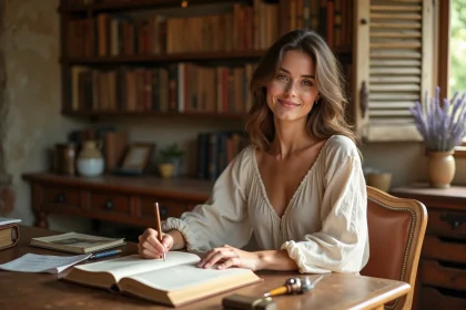 Jeune femme prénommée Julia en robe lin crème assise à un bureau en chêne ancien avec un livre ouvert et une plume, dans un décor toscan chaleureux évoquant l'élégance et l'histoire du prénom