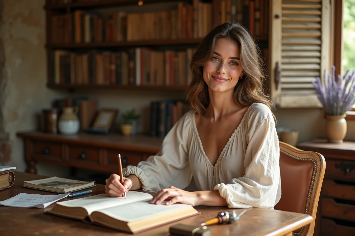 Jeune femme prénommée Julia en robe lin crème assise à un bureau en chêne ancien avec un livre ouvert et une plume, dans un décor toscan chaleureux évoquant l'élégance et l'histoire du prénom