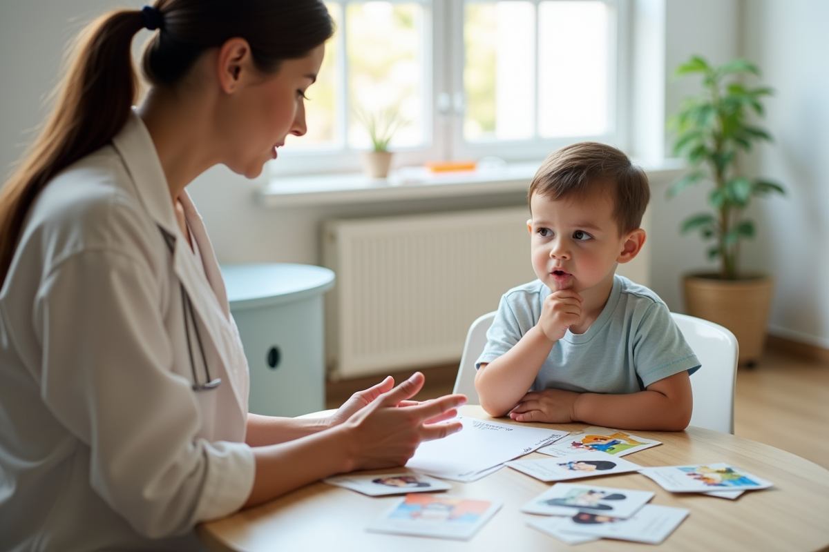 Orthophoniste avec un jeune enfant dans une clinique lumineuse