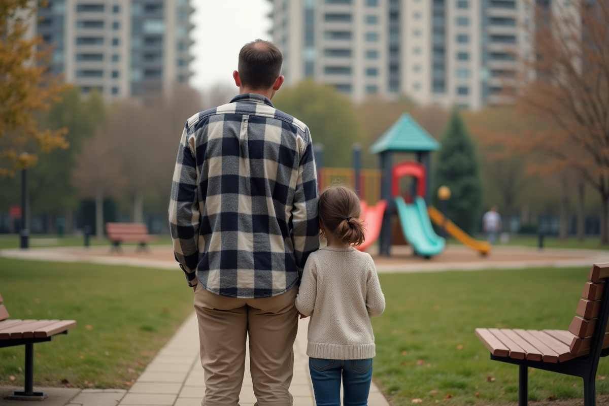Père et fille dans un parc urbain en arrière-plan