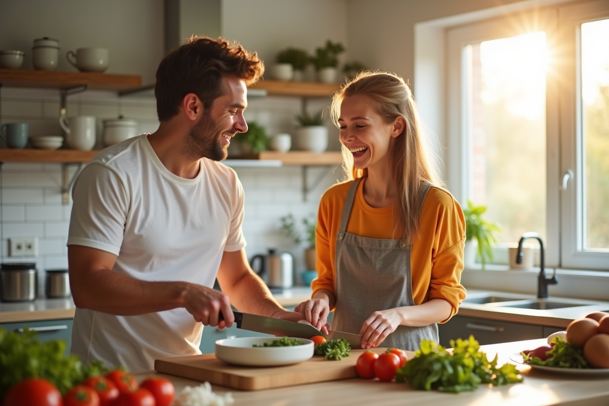 Père et fille préparant un repas dans une cuisine lumineuse