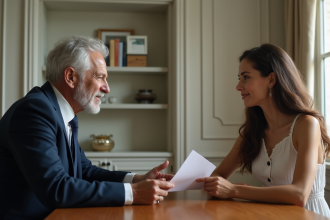 Père français en costume discutant avec une jeune femme dans un appartement parisien