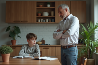Père et fils dans la cuisine familiale en pleine lecture