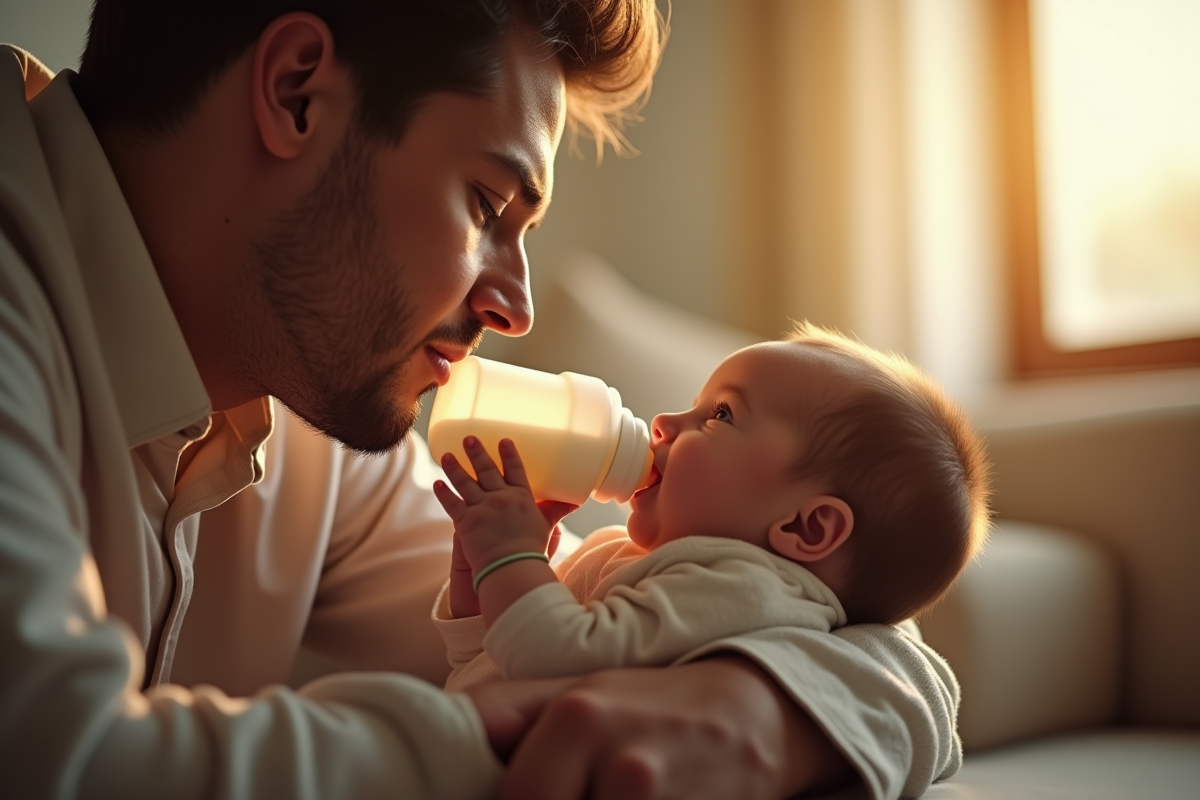 Papa donne le biberon à un bébé dans un salon chaleureux