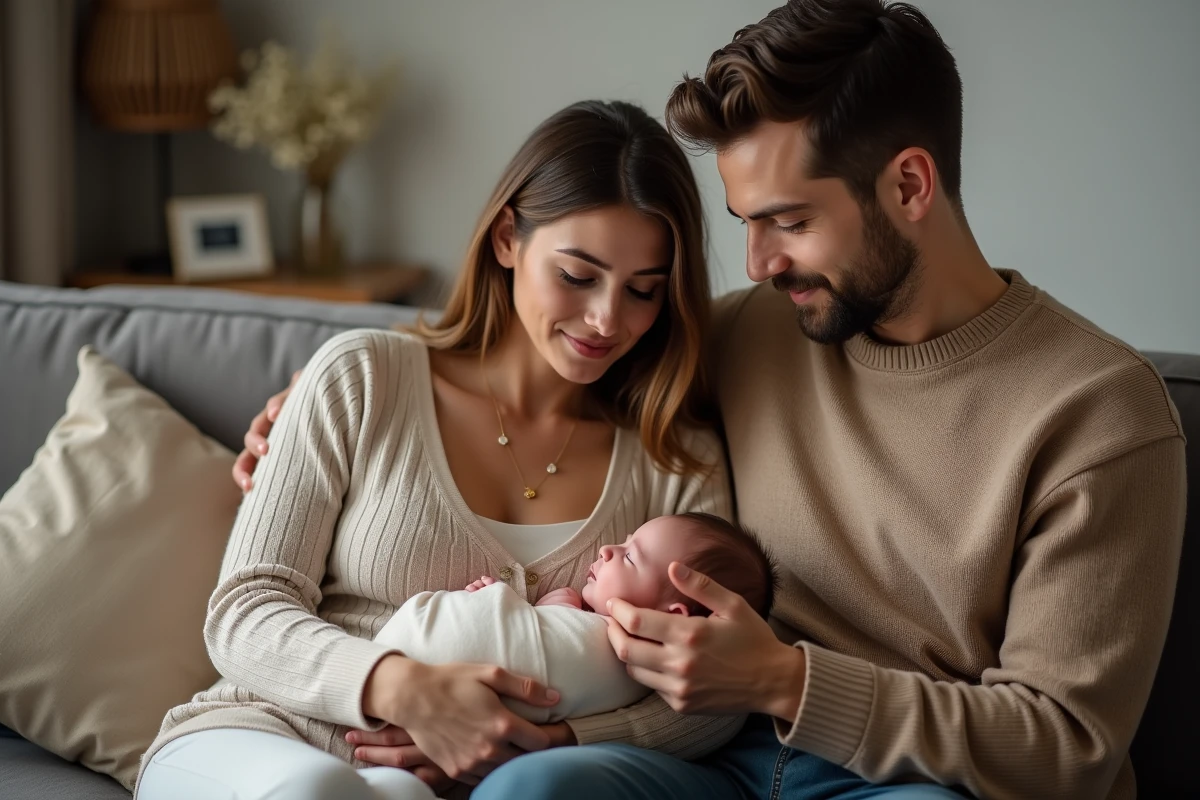 Pere offrant un collier a sa femme avec leur bebe