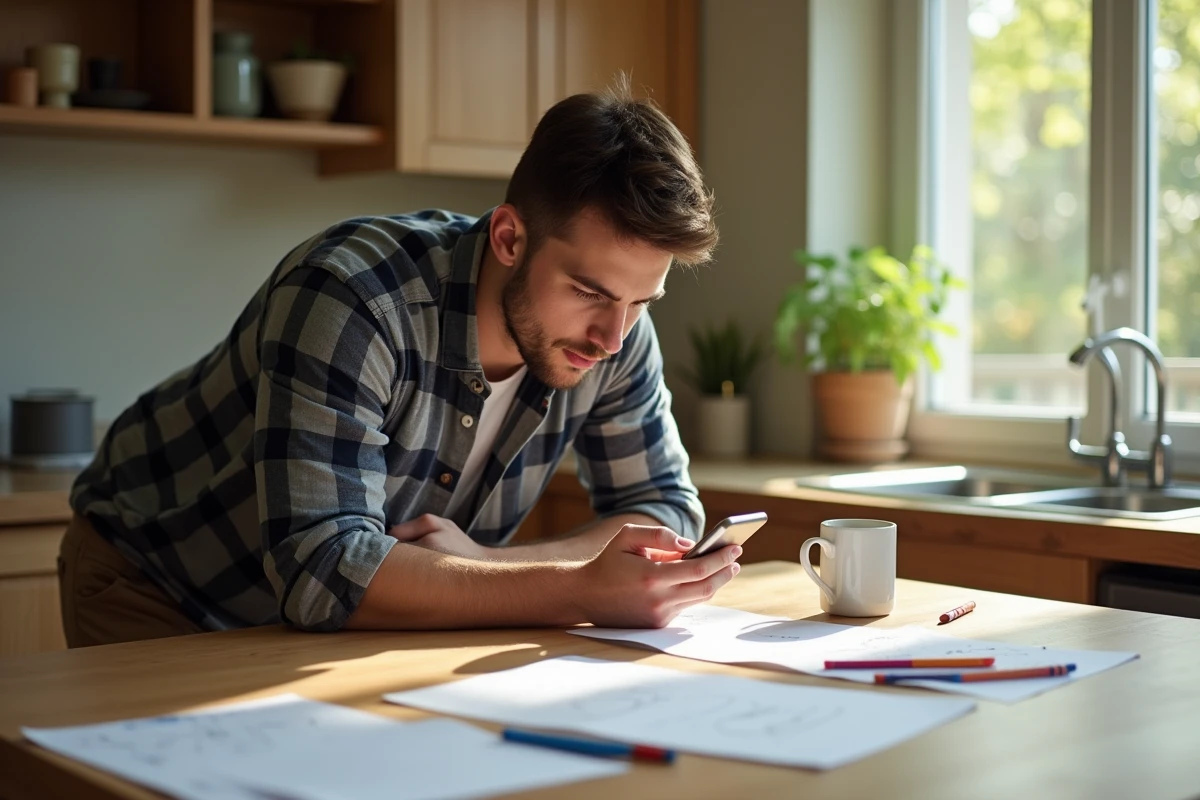 Père hésitant regardant son smartphone dans la cuisine en famille