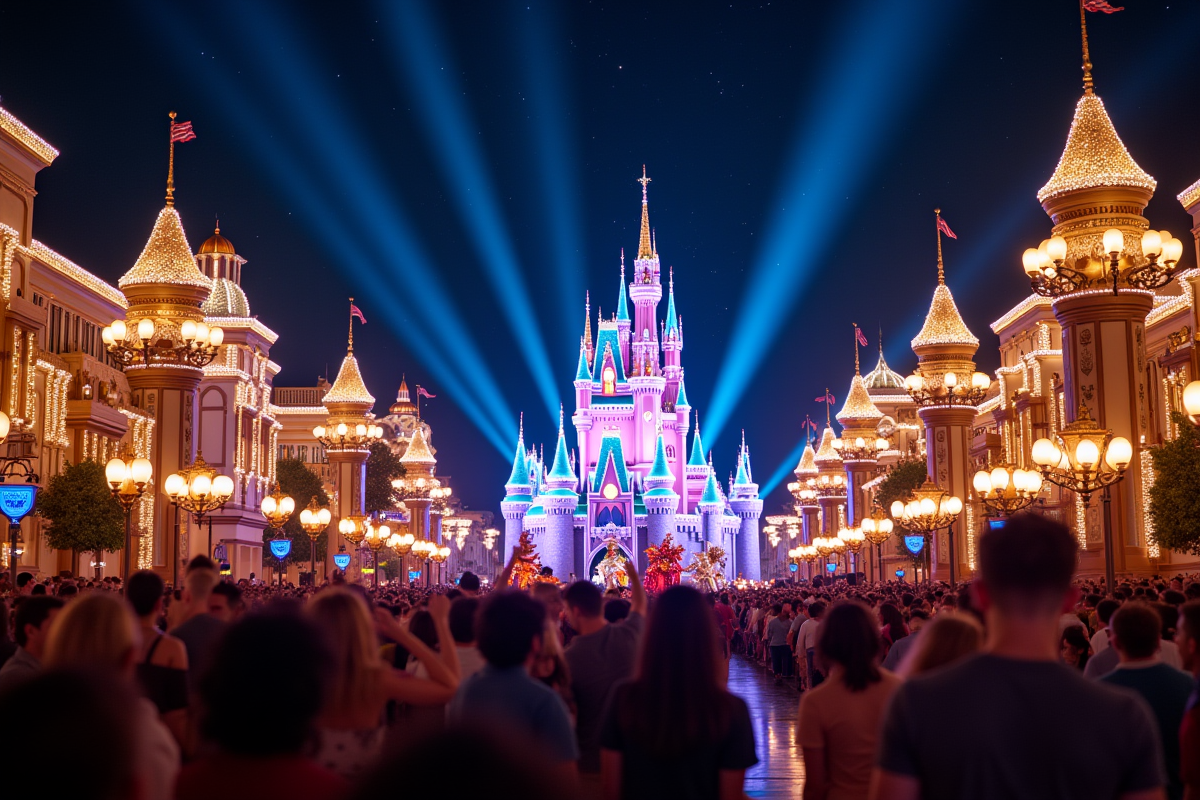 Parade nocturne à Disneyland California avec chars illuminés et spectateurs émerveillés
