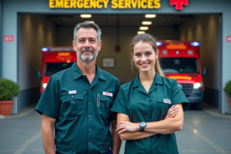 Paramedical homme et infirmière devant station d'urgence