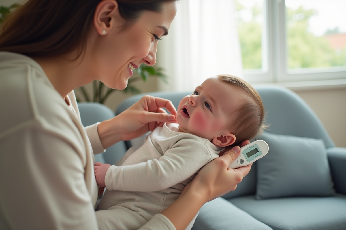 Parent réconfortant un bébé avec joues rouges dans un salon lumineux