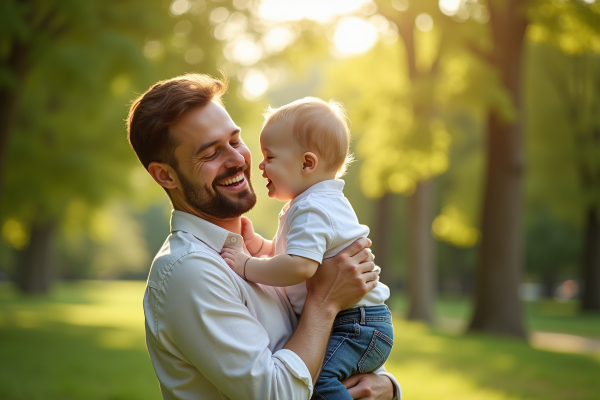 Parent tenant son bébé dans un parc en plein air ensoleillé
