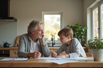 Parent et enfant discutent à la cuisine dans une maison moderne