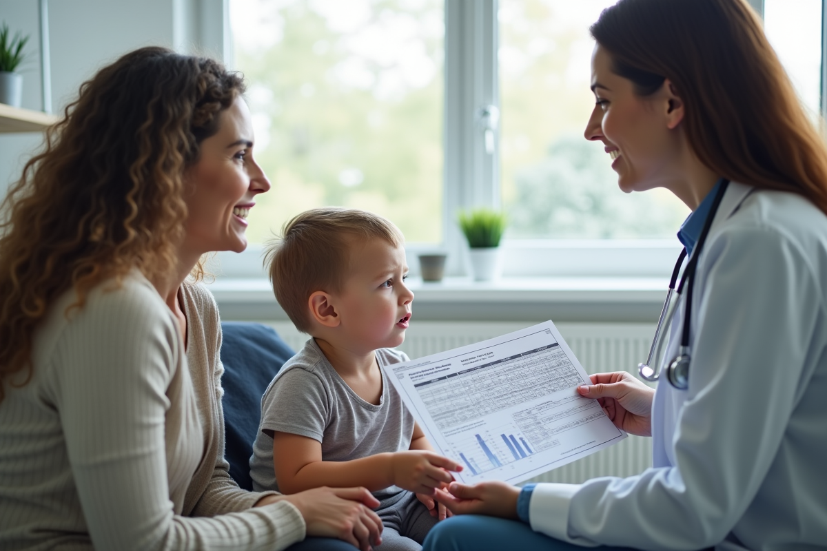 Parent et enfant parlant avec un médecin dans une clinique moderne