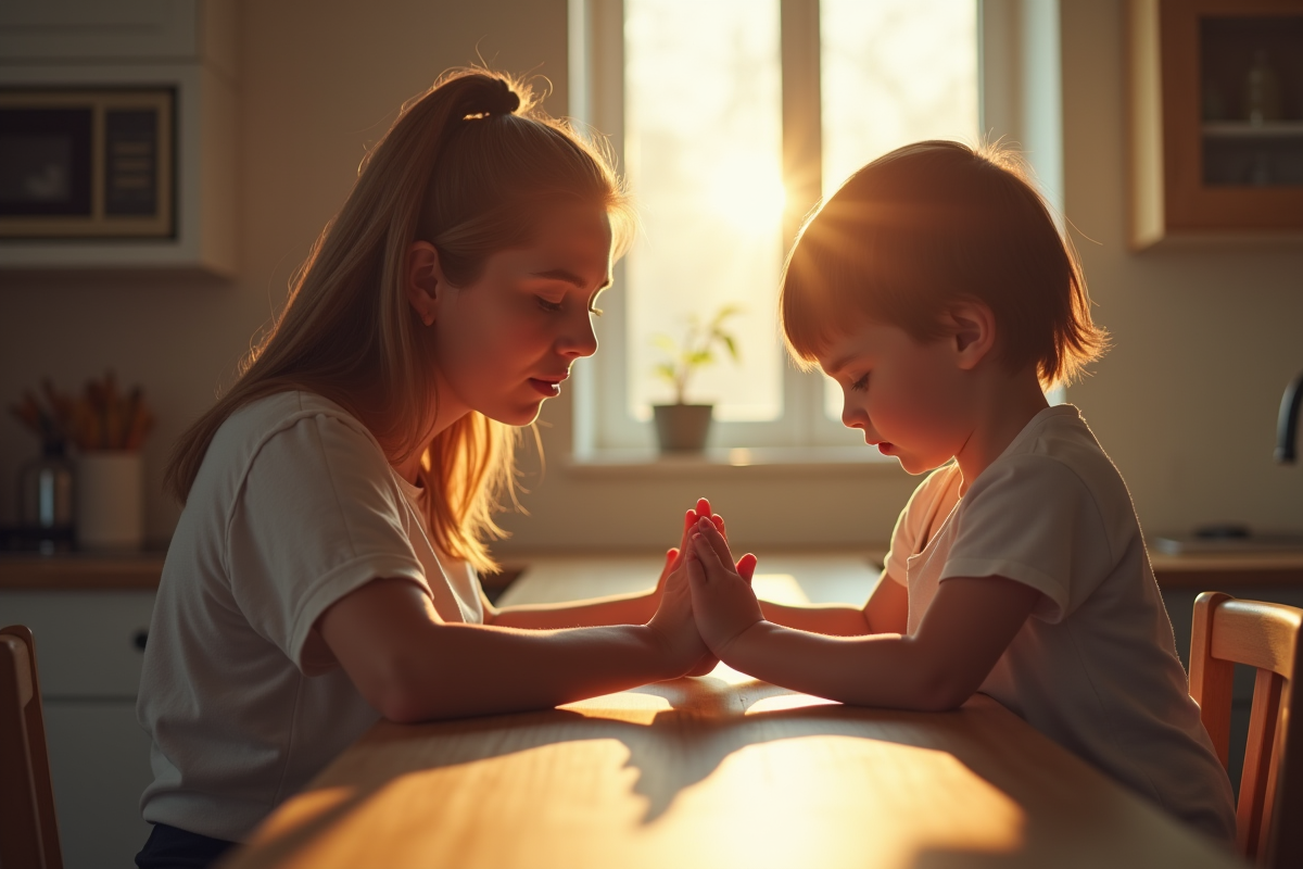 Parent tenant doucement les mains de l’enfant à la cuisine