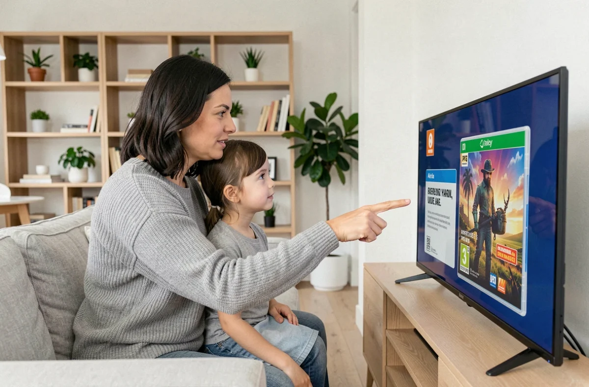 Mère expliquant la classification PEGI d'un jeu PS5 à sa fille de 6 ans sur le canapé