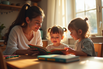 Parent lisant un livre coloré à ses enfants le matin