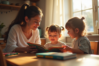 Parent lisant un livre coloré à ses enfants le matin