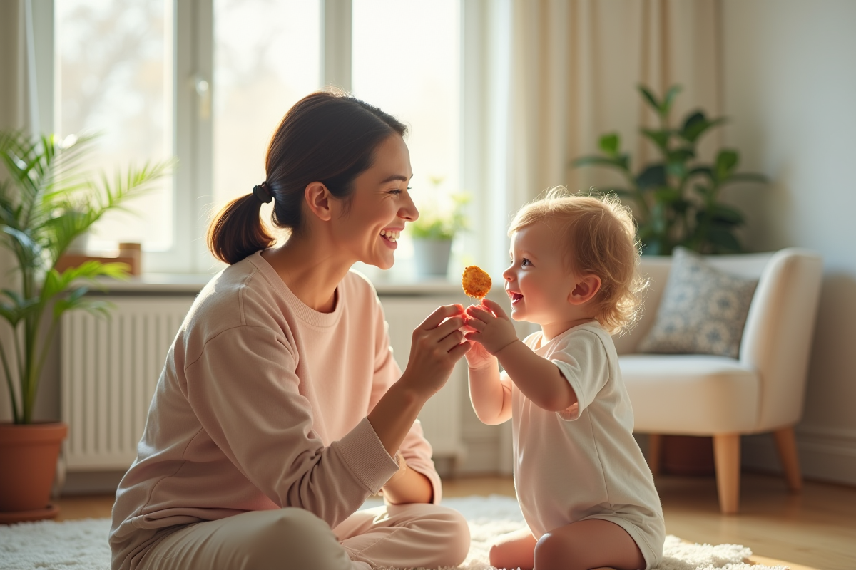 Parent donnant une collation à un bébé dans un salon lumineux