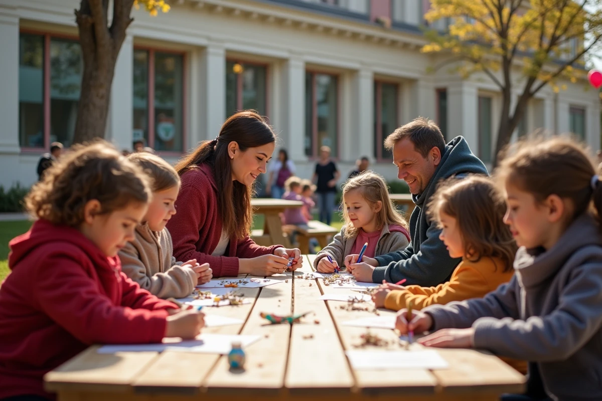Parents et enfants participant à un atelier créatif en plein air