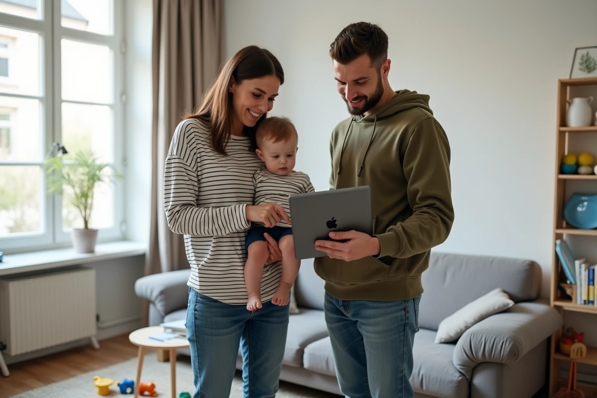 Couple de parents avec enfant en bas âge consultant le portail CAF sur tablette dans un salon familial, déclarations garde d'enfant