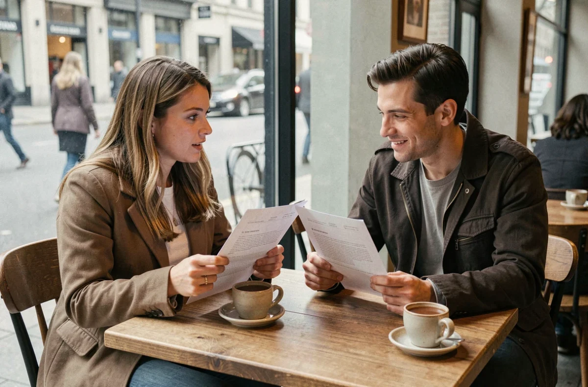 Deux partenaires lisant ensemble les résultats d'un test de compatibilité dans un café