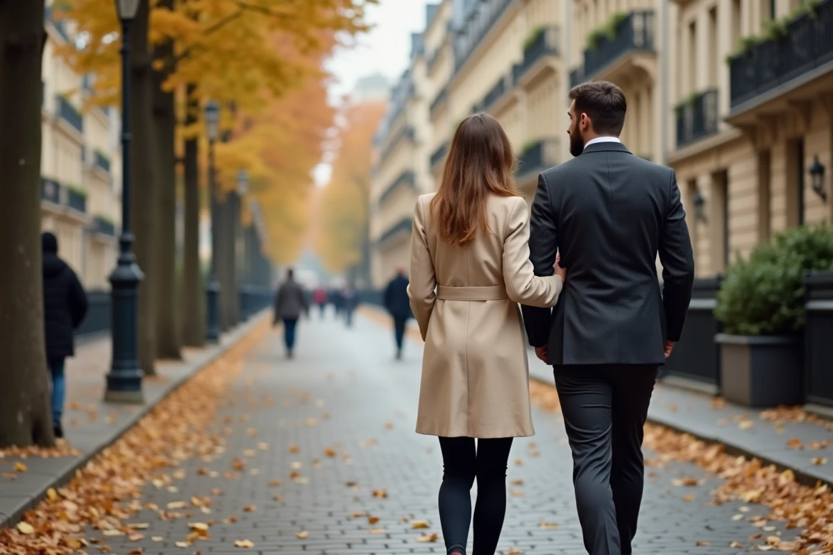 Couple élégant se promenant sur un boulevard parisien en automne, illustrant une relation publique discrète