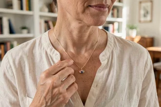 Pendentif pour maman avec pierres de naissance colorées porté par une femme aux tons naturels et chaleureux