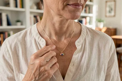Pendentif pour maman avec pierres de naissance colorées porté par une femme aux tons naturels et chaleureux
