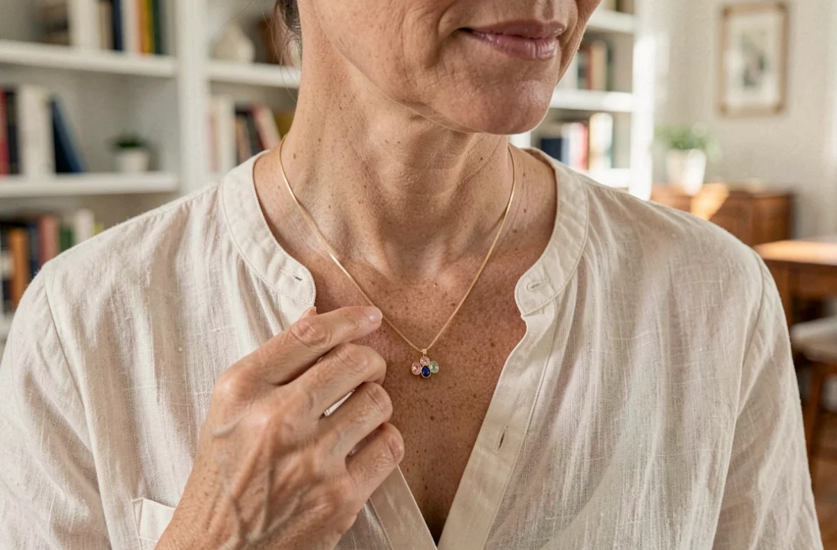 Pendentif pour maman avec pierres de naissance colorées porté par une femme aux tons naturels et chaleureux