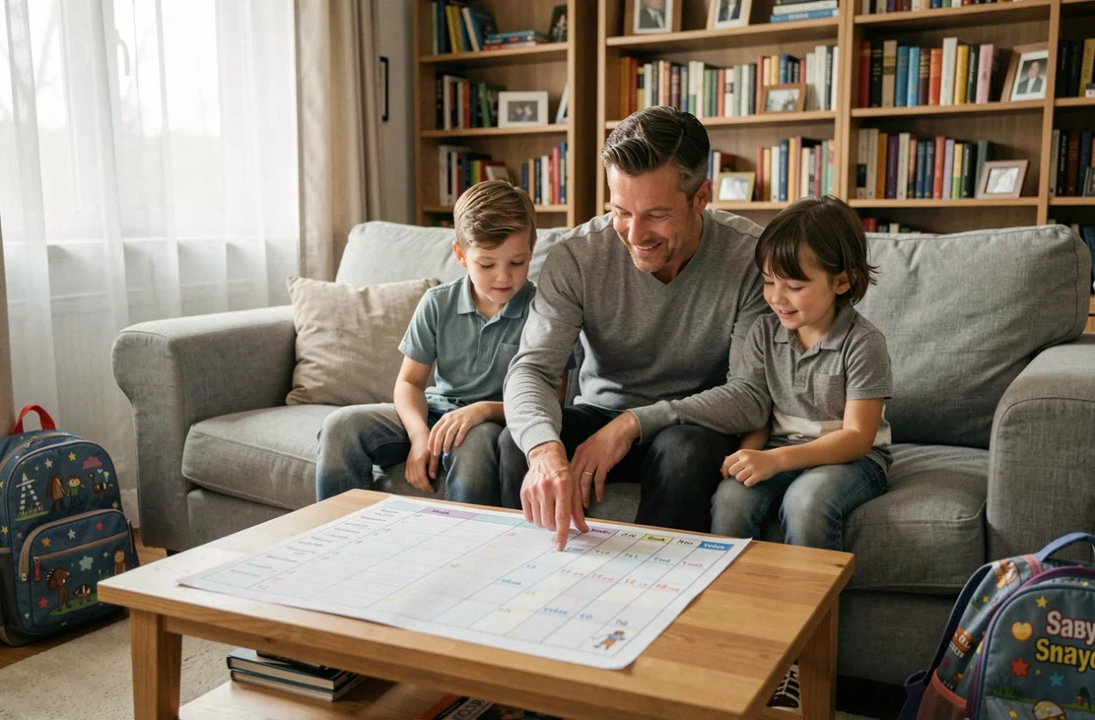 Père séparé et ses enfants planifiant les semaines de garde alternée sur un calendrier familial posé sur la table basse