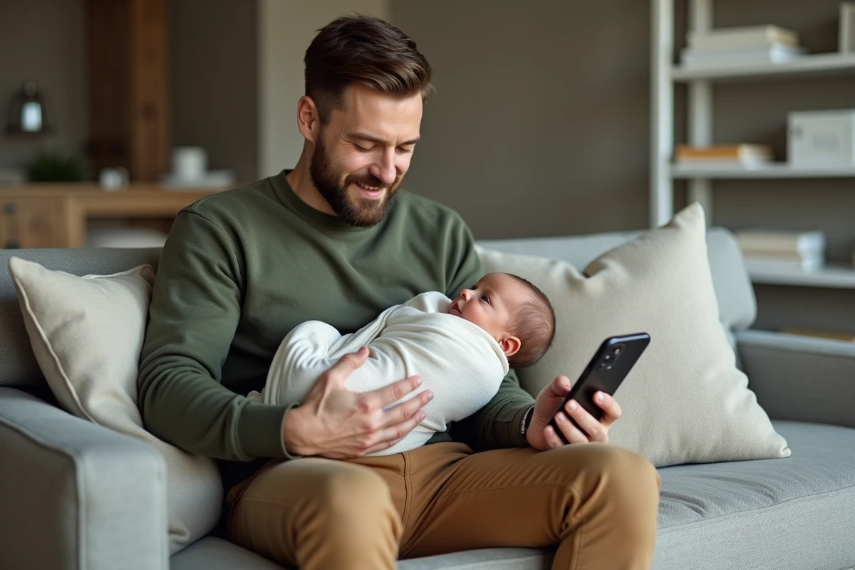 Père autoentrepreneur tenant son nouveau-né dans les bras avec un smartphone professionnel posé à côté sur le canapé