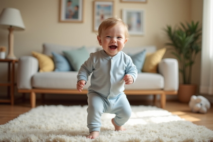 Un garçon d'un an faisant ses premiers pas dans un salon chaleureux