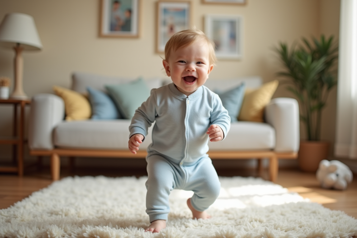 Un garçon d'un an faisant ses premiers pas dans un salon chaleureux