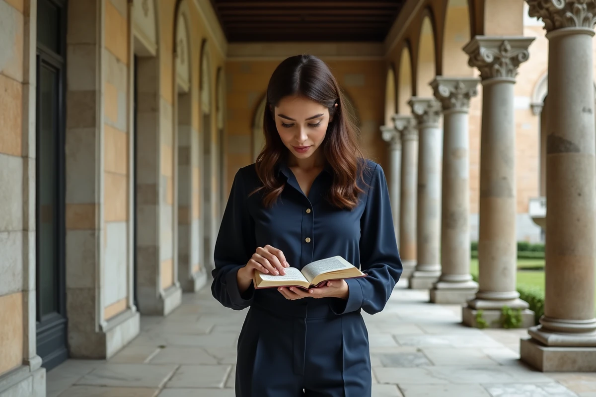 Femme brune élégante tenant un livre en latin dans un corridor de marbre aux colonnes romaines, illustrant les origines latines et l'histoire antique du prénom Julia
