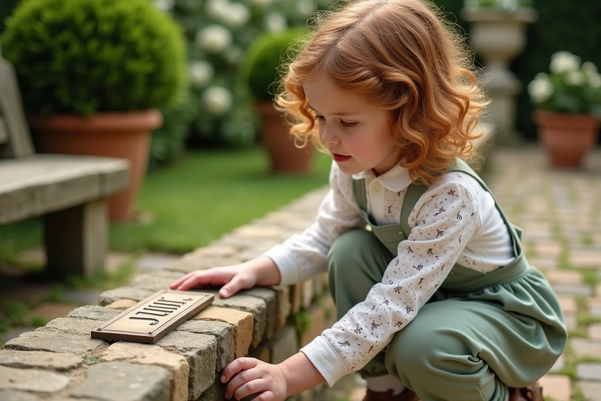 Petite fille aux cheveux bouclés auburn découvrant une plaque en laiton gravée du prénom Julia dans un jardin français soigné, symbolisant la transmission et la douceur d'un prénom classique et raffiné