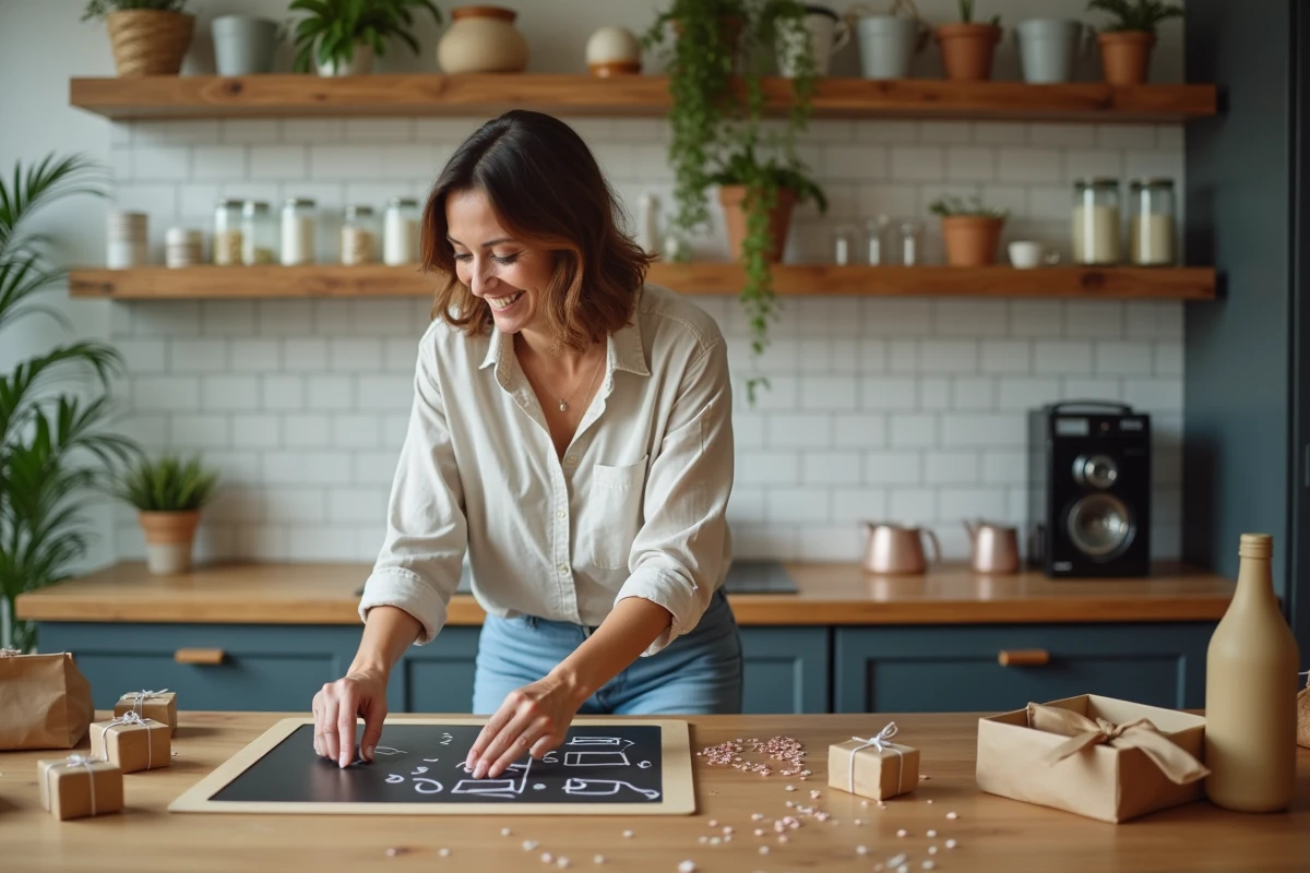 Femme préparant une animation anniversaire DIY avec des quiz et des petits cadeaux dans une cuisine moderne
