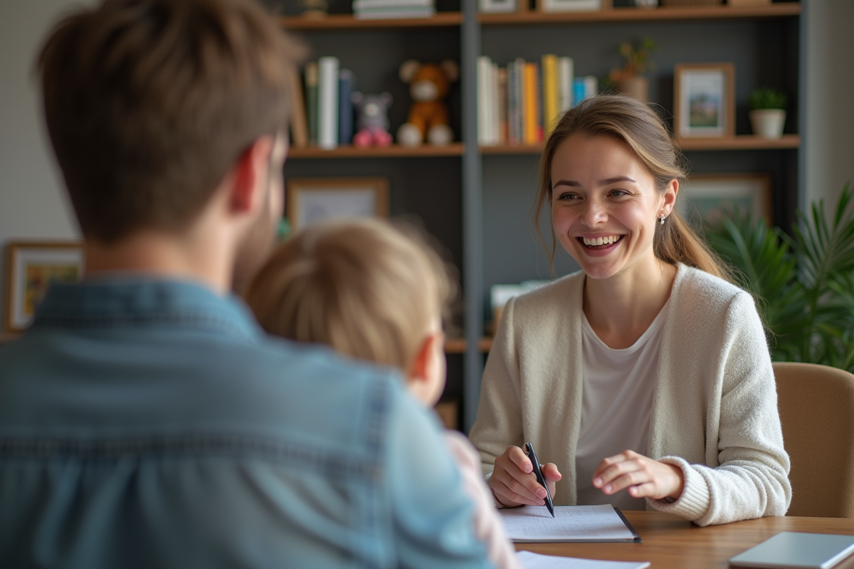 Femme attentive avec un parent et son enfant dans un bureau moderne