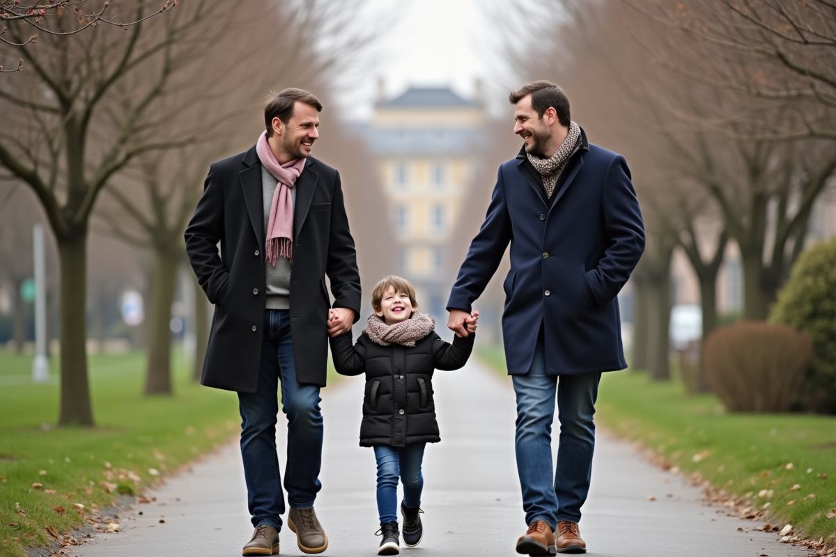 Deux hommes avec enfants marchant dans un parc en hiver