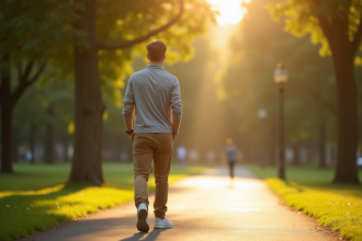 Jeune adulte marchant seul dans un parc ensoleille avec des ombres douces