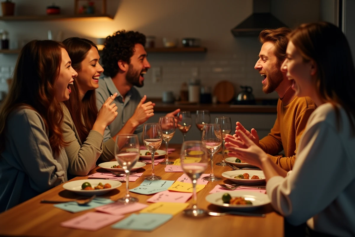 Groupe d'amis jouant aux Questions Les Z'amours autour d'une table avec des cartes de quiz et des rires communicatifs