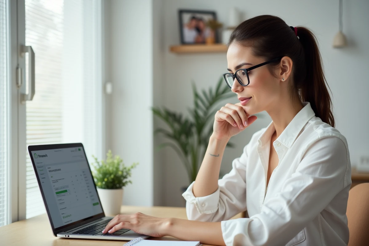Mère concentrée recherchant une nounou en ligne sur un ordinateur portable depuis son bureau à domicile