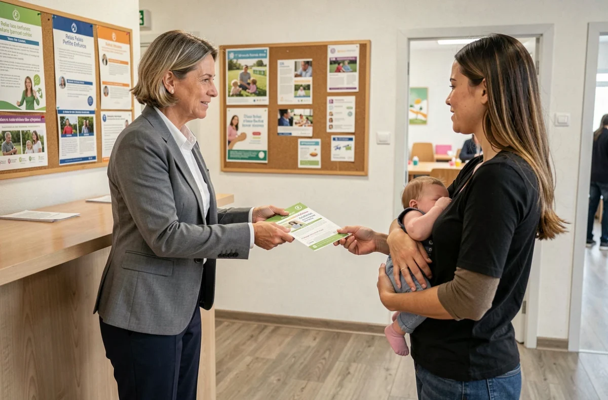 Une référente du Relais Aix-en-Provence remet un document informatif à une jeune maman au guichet d'accueil
