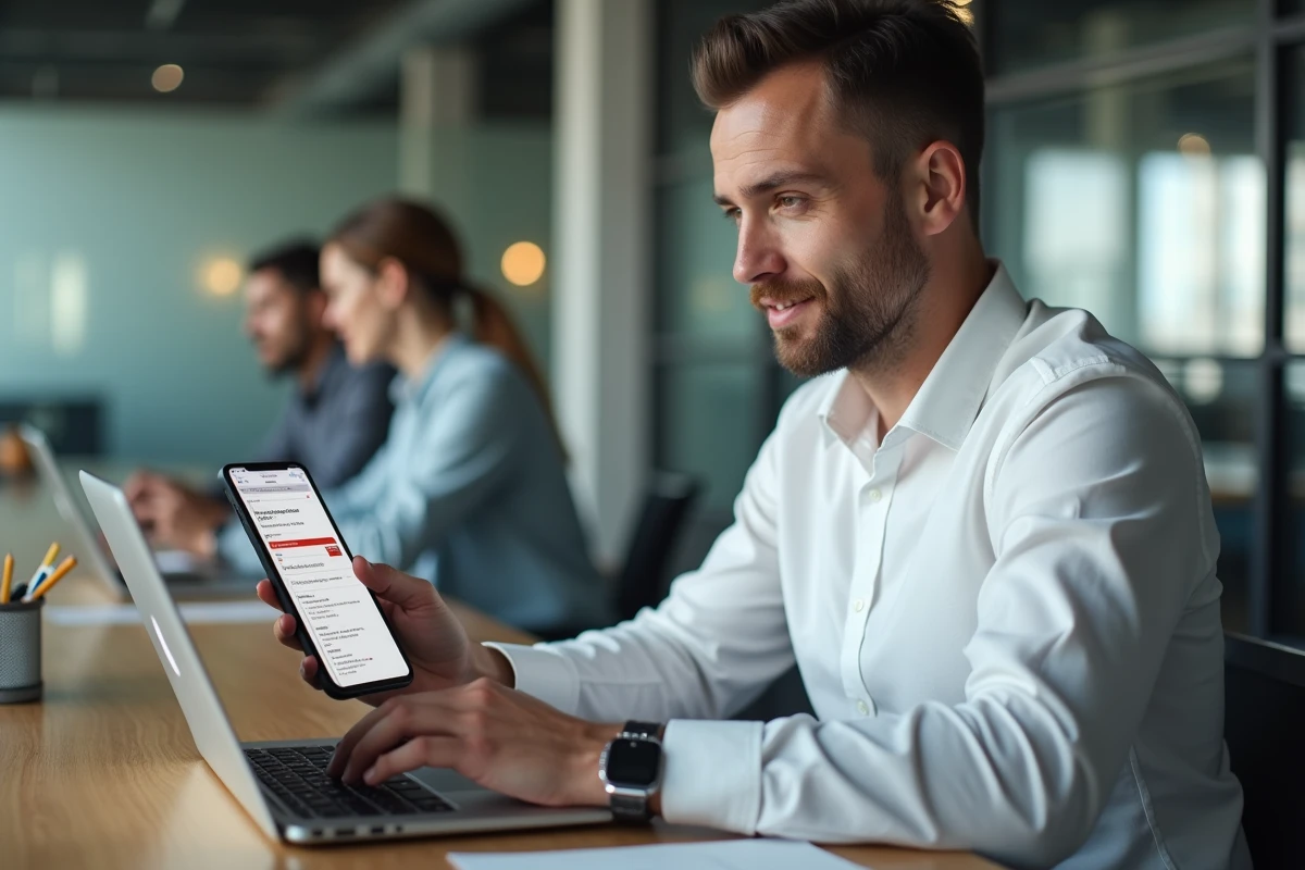 Homme en espace de coworking analysant une erreur d'application de suivi sur ordinateur portable et smartphone posés ensemble