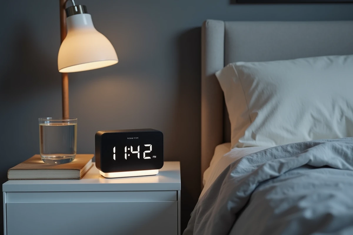 Réveil numérique avec veilleuse intégrée sur table de chevet minimaliste dans une chambre adulte épurée montrant 23h42